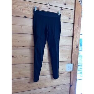 Camaieu Black Moto Leggings Ribbed Knee Pintuck High Rise Stretch Pants